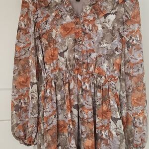 Anthropologie Current Air Floral Ruffle V-Neck Tunic in Orange and Taupe